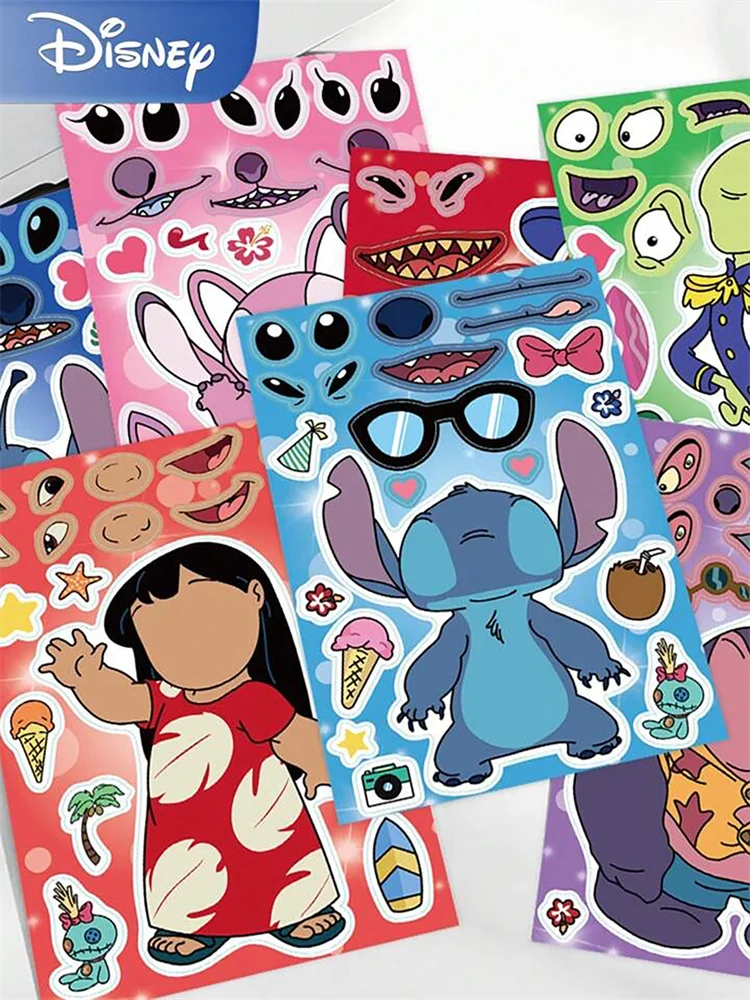 Disney, 8 hojas/juego de pegatinas de rompecabezas con personajes de dibujos animados para funda de teléfono, portátil, taza de agua, pegatina decorativa para regalo de cumpleaños