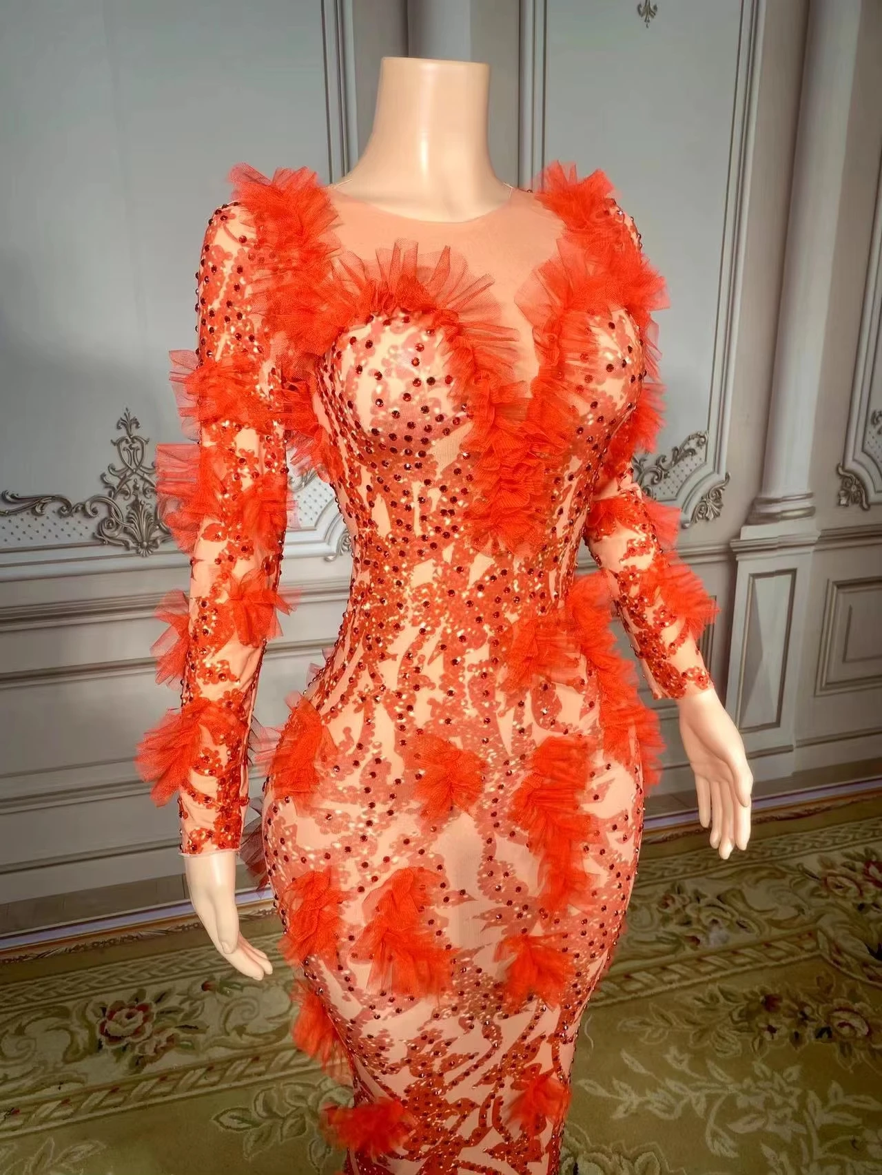 ZD  Evening Gown Dress Women Luxury Party Red Long Pearl Beaded Dress