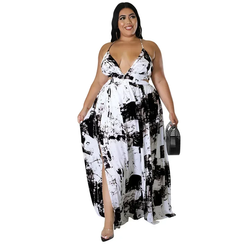 

MY966- European and American plus size women's clothing 2025 summer new product suspender backless ink painting printed dress