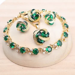 Gold Color Bridal Green Zircon Jewelry Sets For Women 925 Silver Wedding Earrings Rings Bracelets Pendant Necklace Set