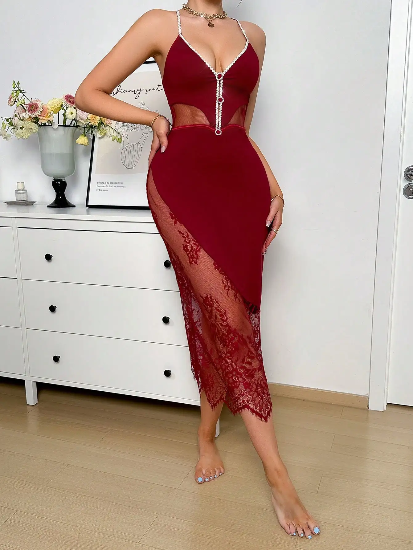 Women Sleepwear Sexy Wine Red Nightgown Rhinestone V-neck Slip Sleepwear Leisure Nightdress Romantic Elegant Night Dress Pajamas