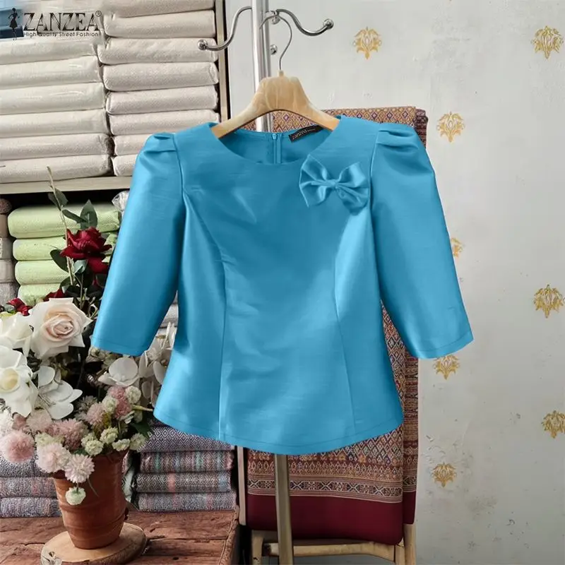 ZANZEA 여성용 우아한 새틴 블라우스 고급스러운 공주 스타일 반소매 뒷지퍼 슬림핏 숏탑 여름 여성 의류 3XL