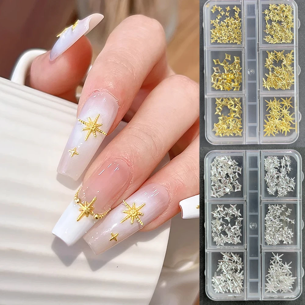 6Grids Luxury Gold Silver Starlight Stars Nail Charms 3D Metallic Alloy Starcross Starburst Nail Rhinestones Y2K Manicure Parts﻿