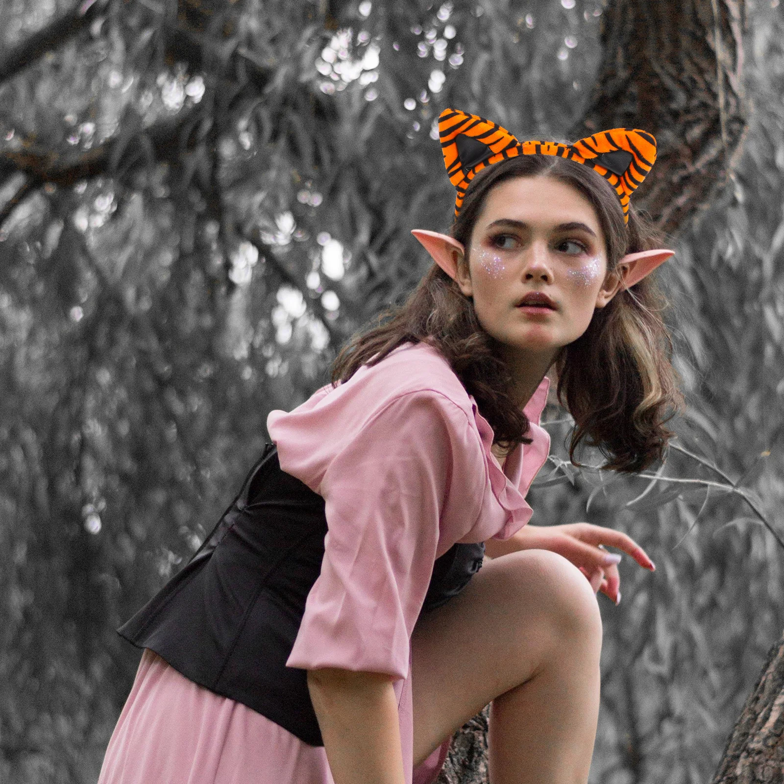 ชุดหูเสือพร้อมหาง ชุดคอสเพลย์สัตว์ อุปกรณ์ปาร์ตี้ฮาโลวีน อุปกรณ์เสริมสำหรับเล่นบทบาทสมมติ