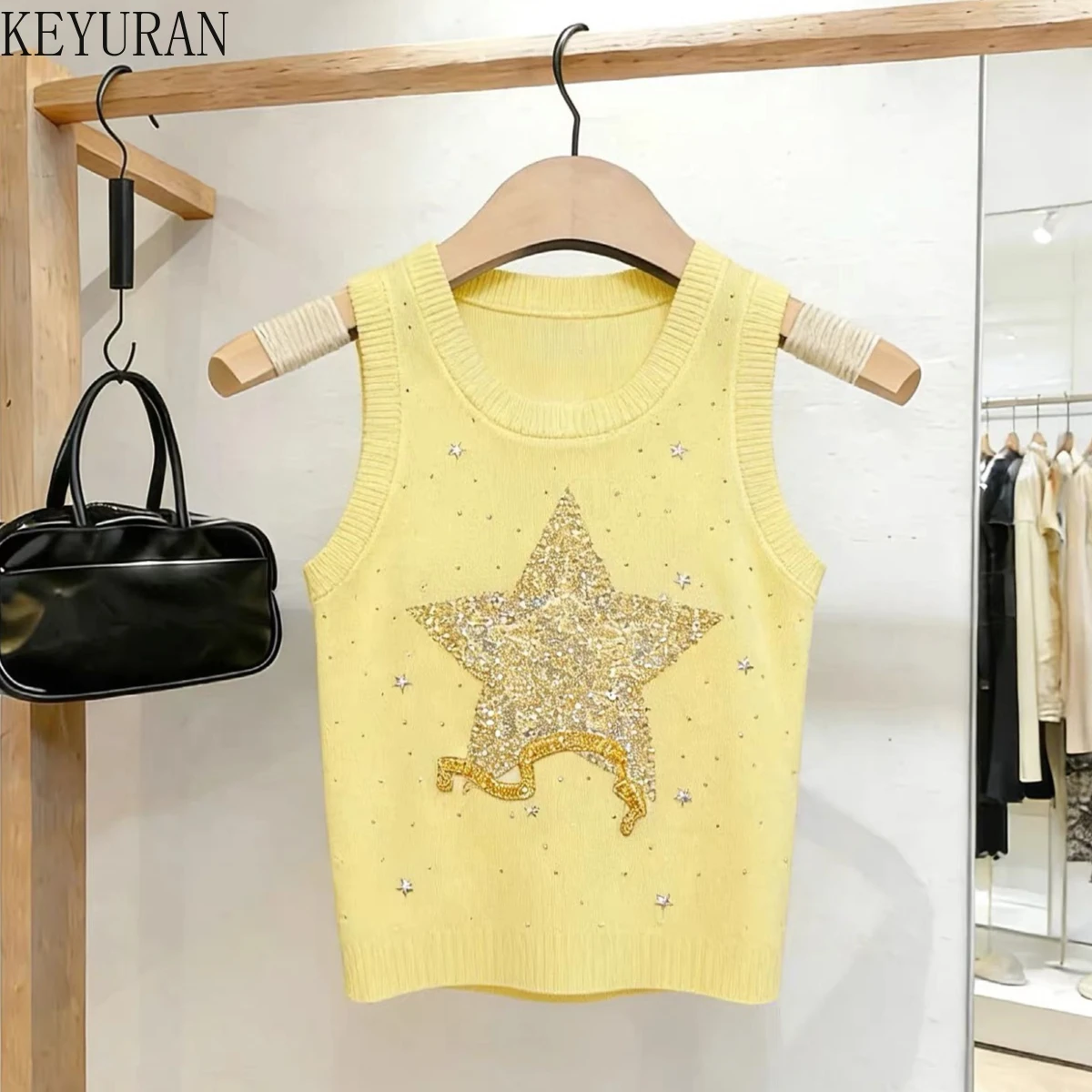 

Вязаные жилеты Sweet Star Diamonds: Новые летние топы без рукавов для женщин, облегающие универсальные футболки из ледяного шелка в стиле Y2K, майки-камизолы Mujer
