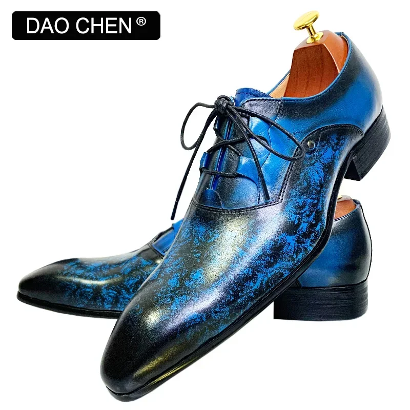 LUXURY BRAND MEN\'S OXFORD SHOES BLACK BLUE LACE UP POINTED TOE CASUAL MENS DRESS SHOES PARTY WEDDING LEATHER SHOES MEN