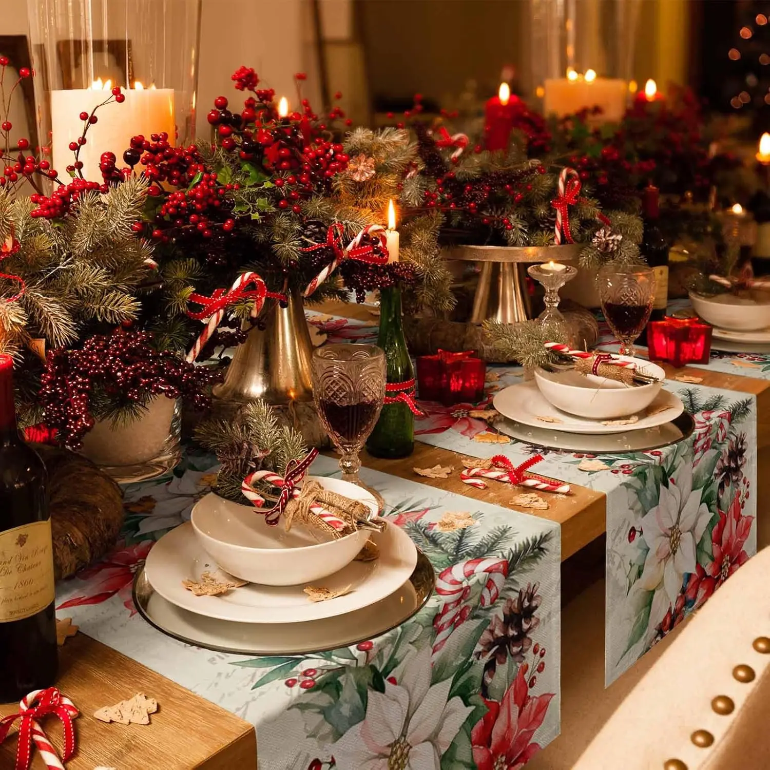 Christmas Poinsettia Pine Needle Pine Cone Linen Table Runner for Table Decor Xmas Botanical Table Runner Christmas Decorations