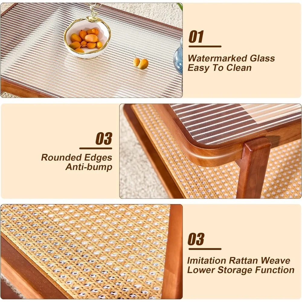 Rattan Couch tisch, rechteckiger Holz Couch tisch für Wohnzimmer, Glasplatte Couch tisch mit Imitation Rattan Lager regal