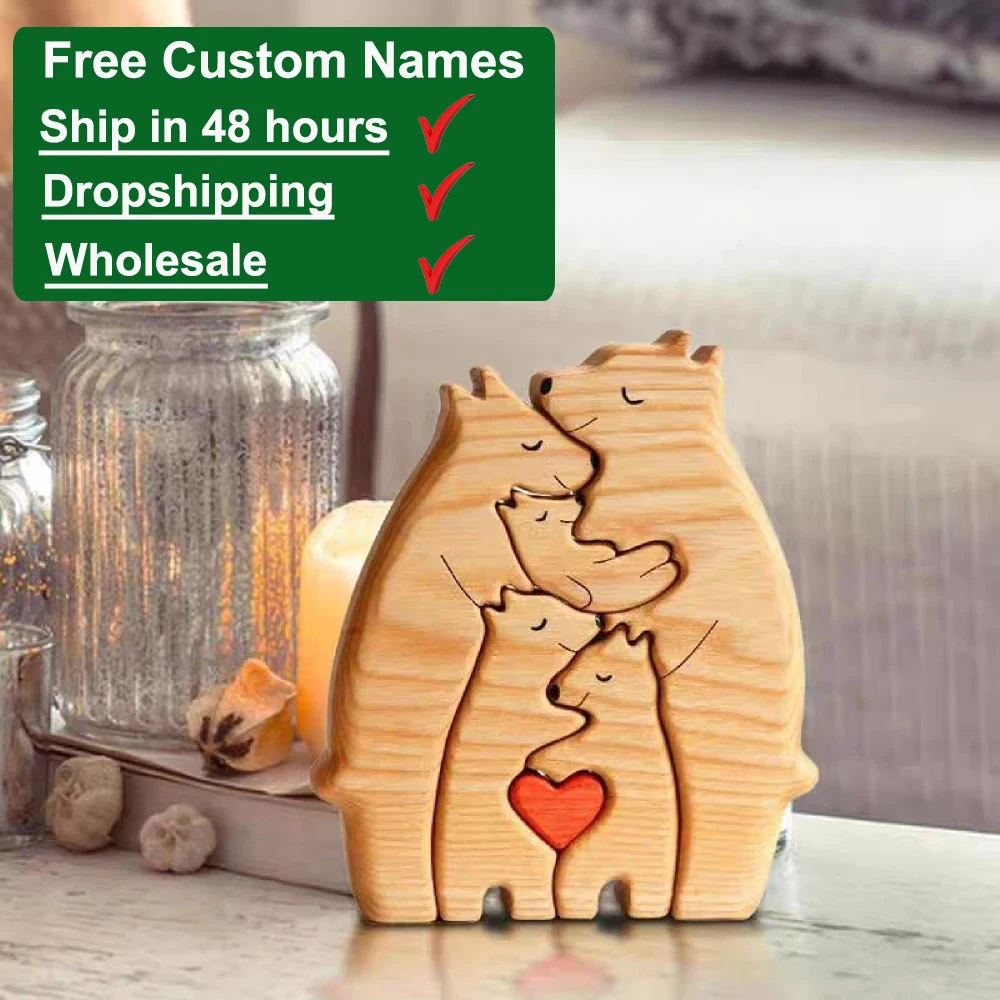 Bear Family Wooden Free Engraving Puzzle Personalized Custom Name Desk Decor Christmas Birthday Gift DIY Home Decor Figurines