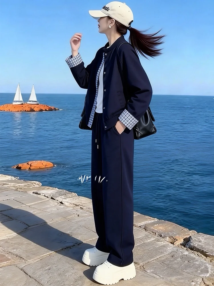 

Spring 2026 Women's Fashion Outerwear Top And Wide Leg Pants Casual Two Piece Set High Waist Comfortable Long Sleeve round Neck