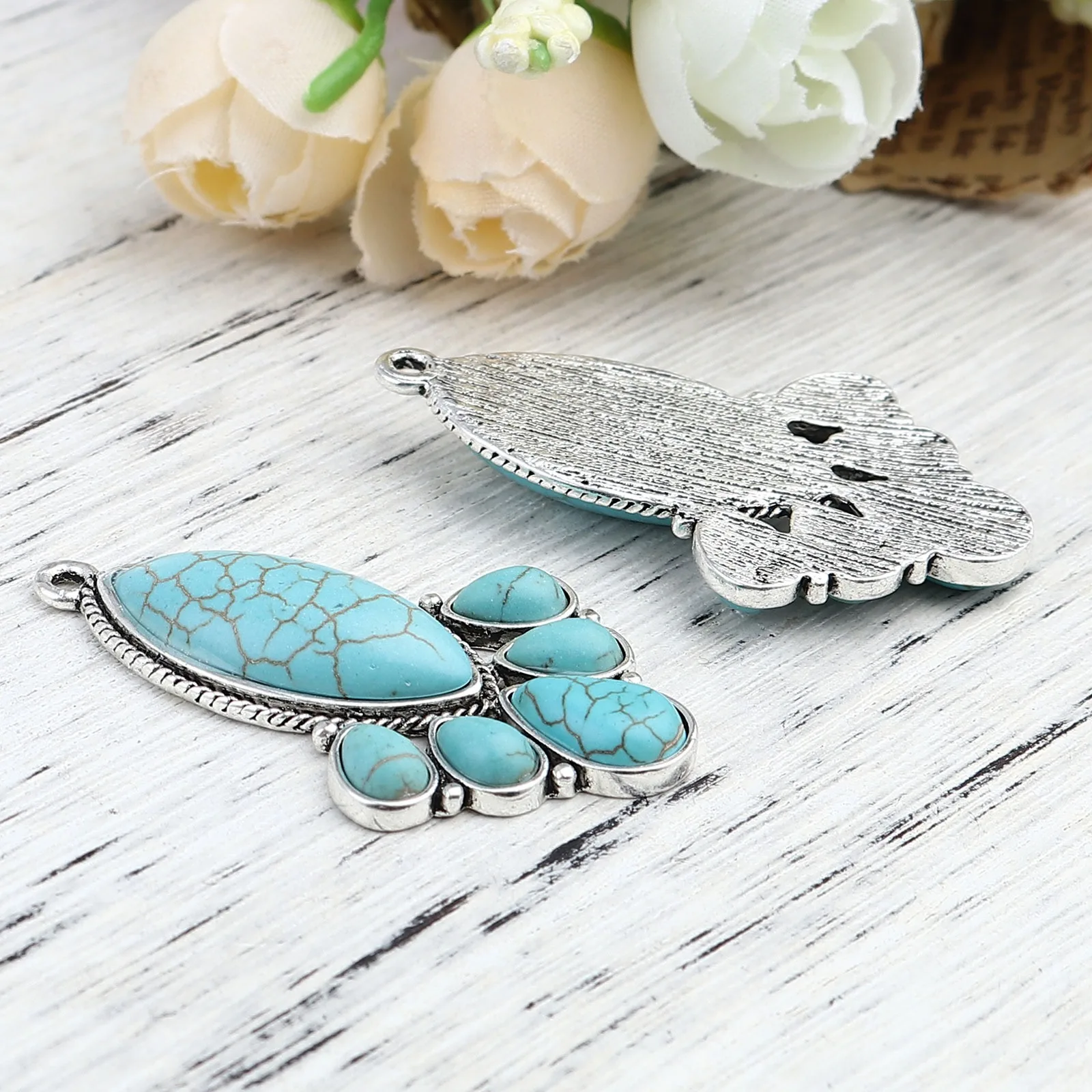Bohemian Geometic Metal Pendants Marquise Antique Silver Color Green Blue  Charms DIY Necklace Jewelry,1-5PCs