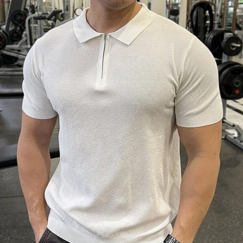 

Summer Lapel Zipper Polo Shirt Solid Color Short Sleeved Knitted Polo Shirt Slim Fit Sports Fitness T-shirt Men Clothing 2025