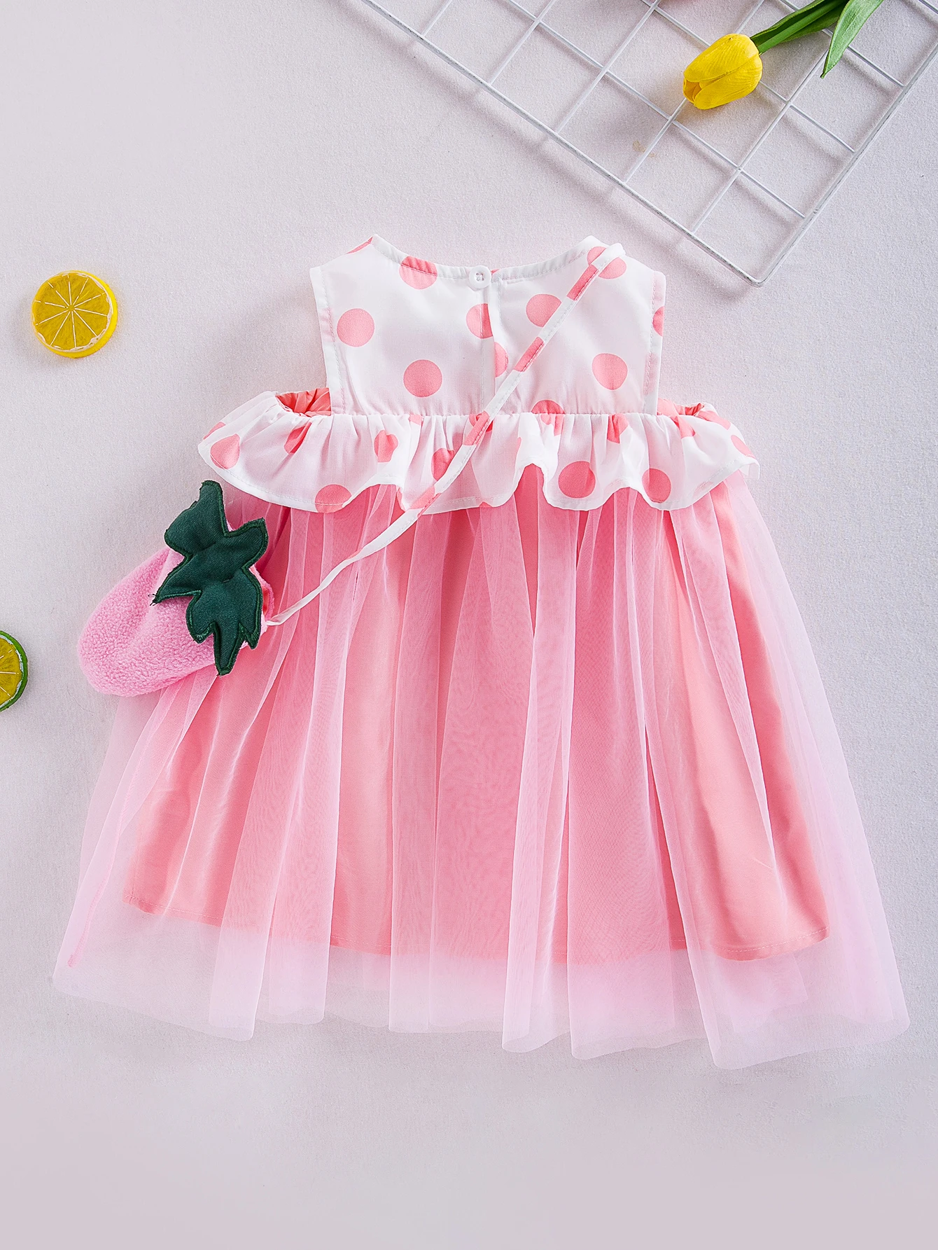 Baby Girl New Arrival Spliced Mesh Tank Dress with Polka Dot Lace Ruched Detail Strawberry Backpack 2pcs Cute Sweet Kids Outfit