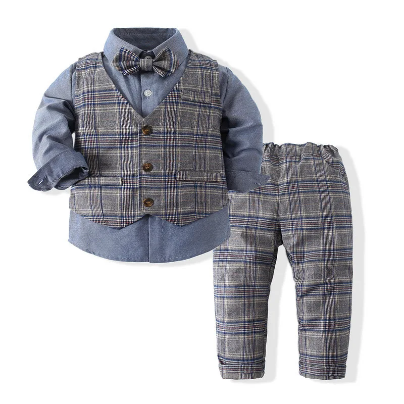 

1-10Y Teen Boys Gentleman Clothing Set Cotton Long Sleeve Bowtie Shirt+Waistcoat+Pants 3Pcs Suit Kids Boy Formal Clothes Set