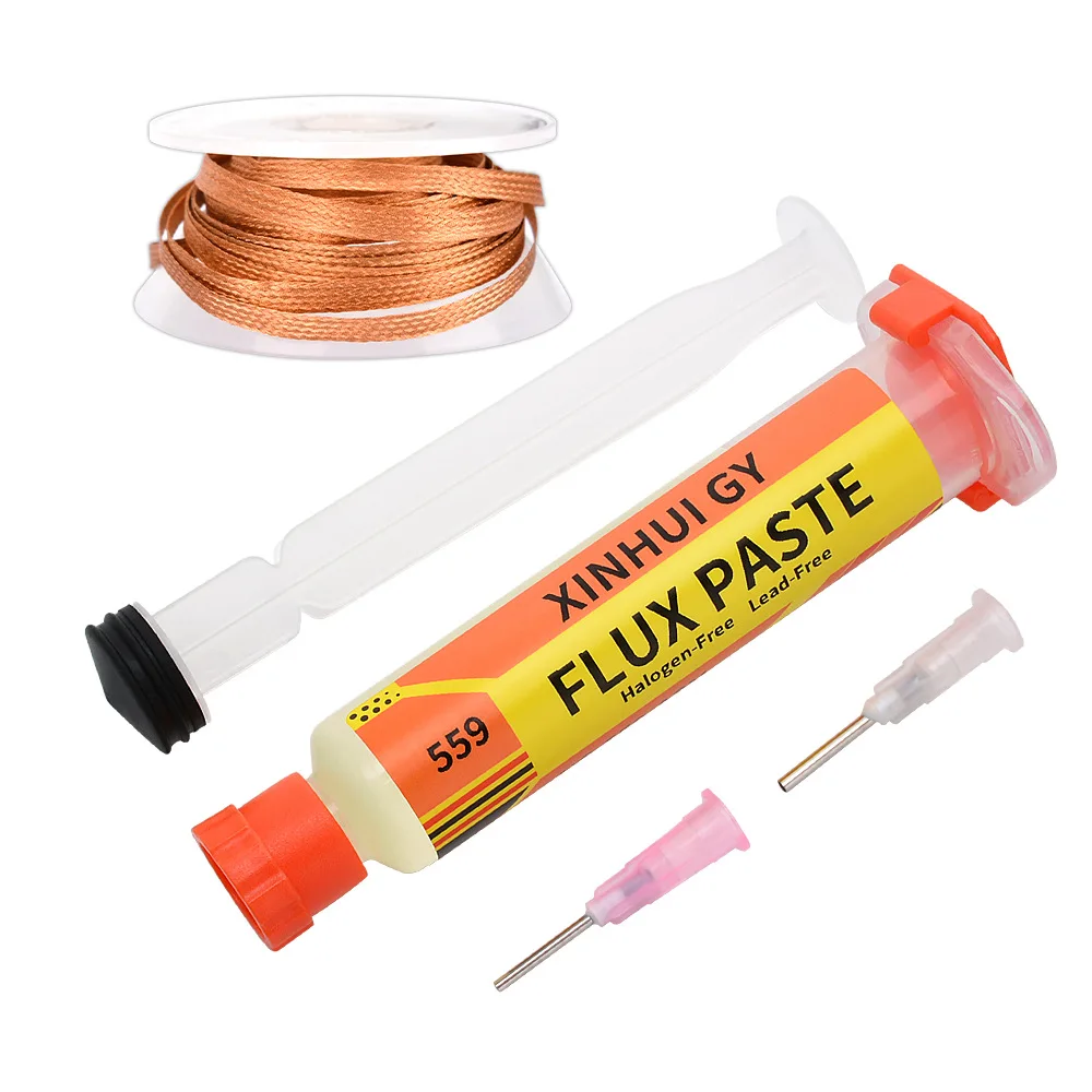 559 Entlötdraht + NC-559 Flussmittelpaste Spritzen-Set, Lötzinnentferner-Set für Elektronik-PCB-Komponenten-Reparatur und Nachbearbeitung