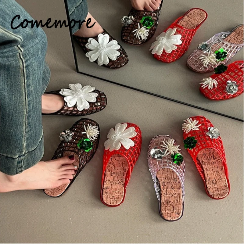 Comemore Pearl Shoes Flowers PVC Crystal Slippers No Slip Fishing Net Jelly Sandals Transparent Flat Low Bottom DIY Footwears