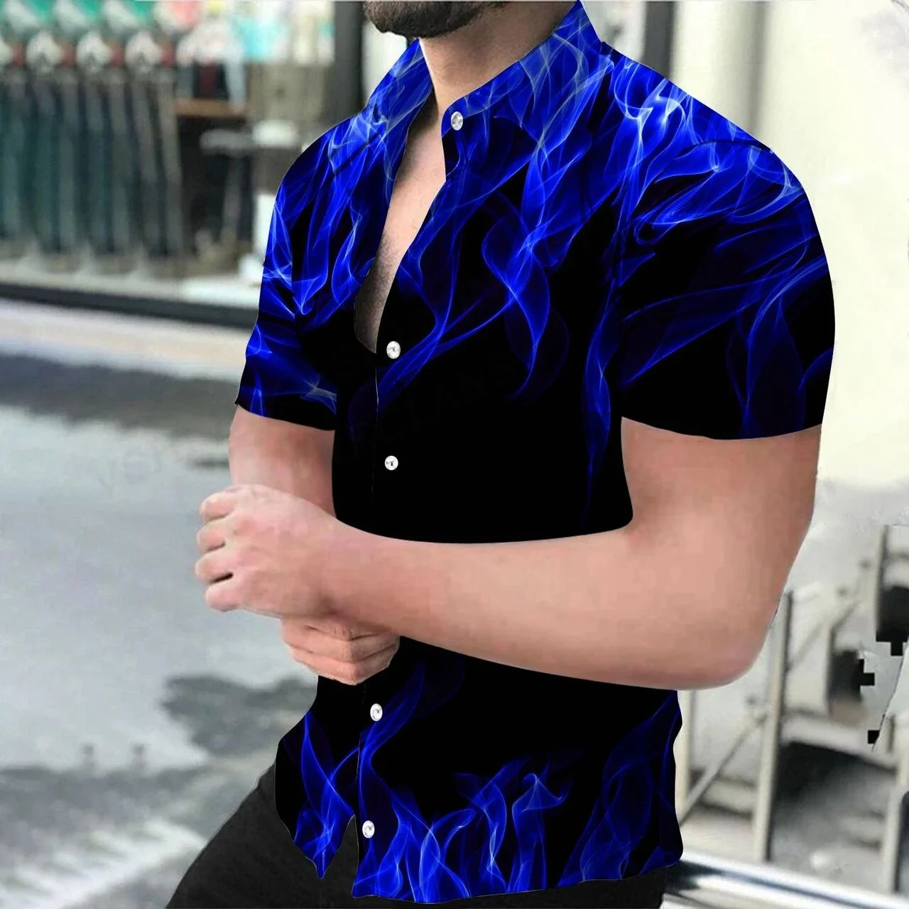 Blue Flame 3D Printed Men's Shirt Fashionable Unisex PU Leather Thickened Fleece Collared  Inner Wear for Middle-Aged