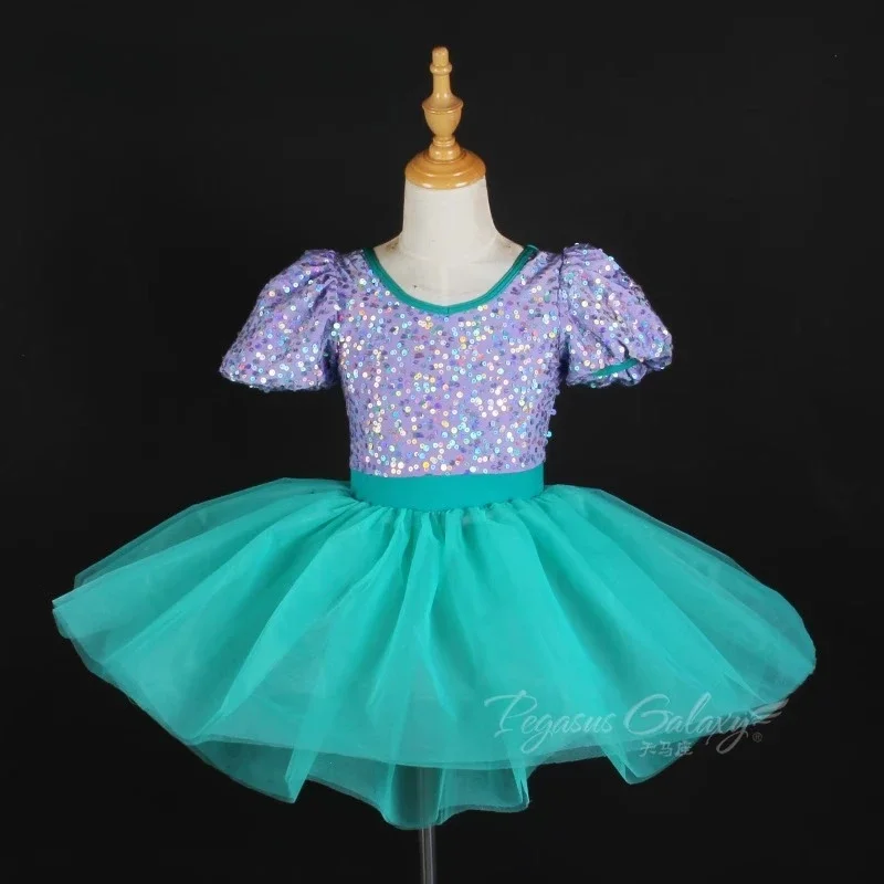 

Girl Tutu Dress Children Sequined Performance Dancewear Short-sleeved Color Matching Stage Shows Ballet Dance Costume for Kids