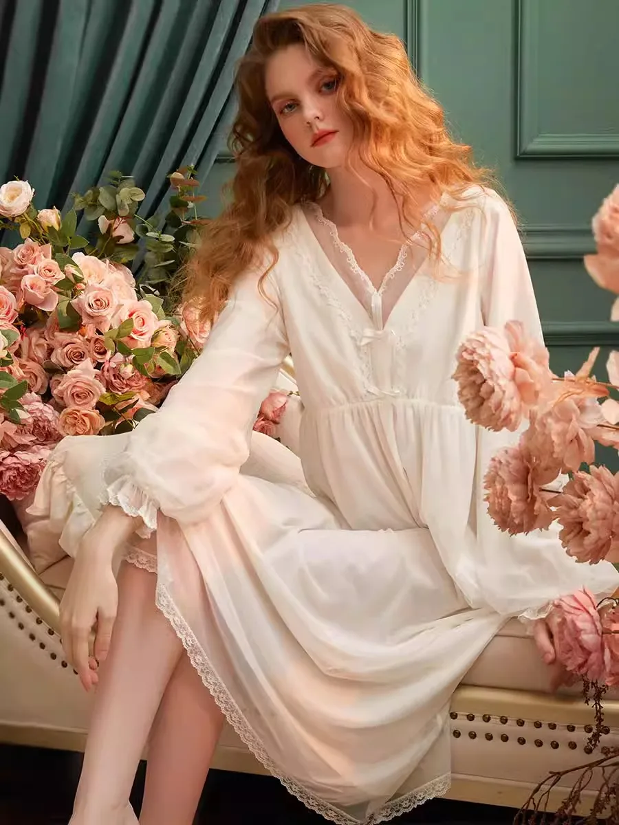 

Vintage Modal Gauze Women Nightgowns Deliacate Embroidery Princess Sleepwear Loose Royal Nightwear Spring Autumn Home Dress