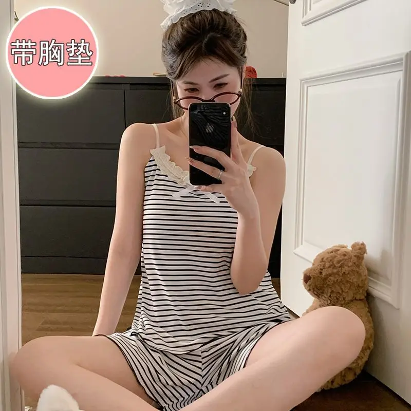 

Женская одежда для сна больших размеров 5XL, комплекты из топа и шорт на бретельках со встроенным бюстгальтером, корейская студенческая полосатая домашняя одежда без рукавов, верхняя одежда