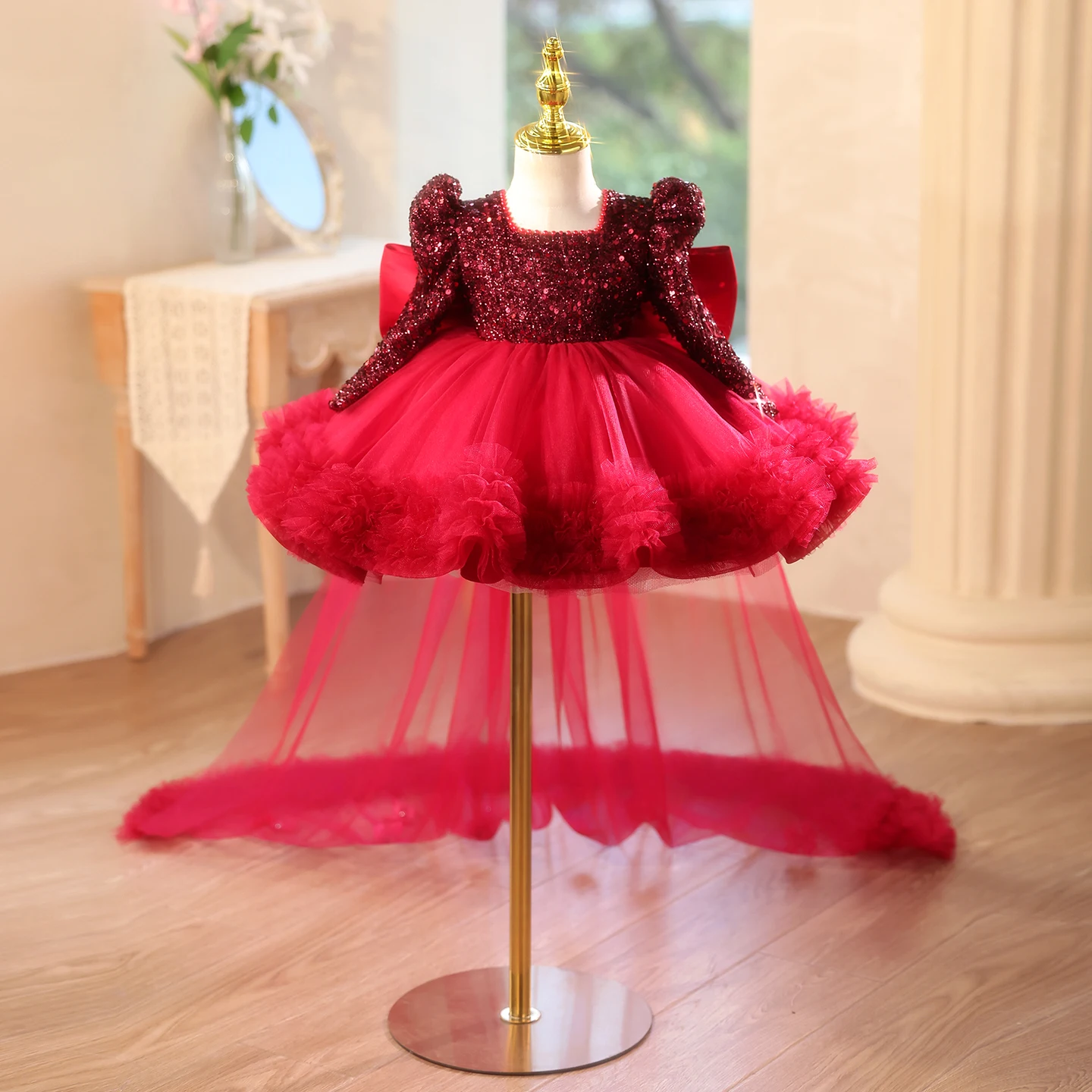 

Winter Girls Elegant Party Dress Red Sequin Long Sleeve Trailing Prom Evening Dress Girls Carnival High-End Banquet Dress