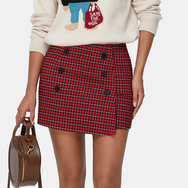 Europe American Plaid Sheath Woolen Short Mini Skirt Button Decor High Waist Bag Hip Stylish Fall Winter Matching Pencil Skirt