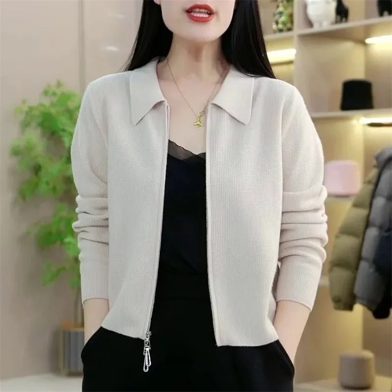 Spring Autumn Lady Knitting Cardigan Jacket Female Short Zipper Sweater Outerwear Women Solid Color Loose Fitting Knitwear Coat