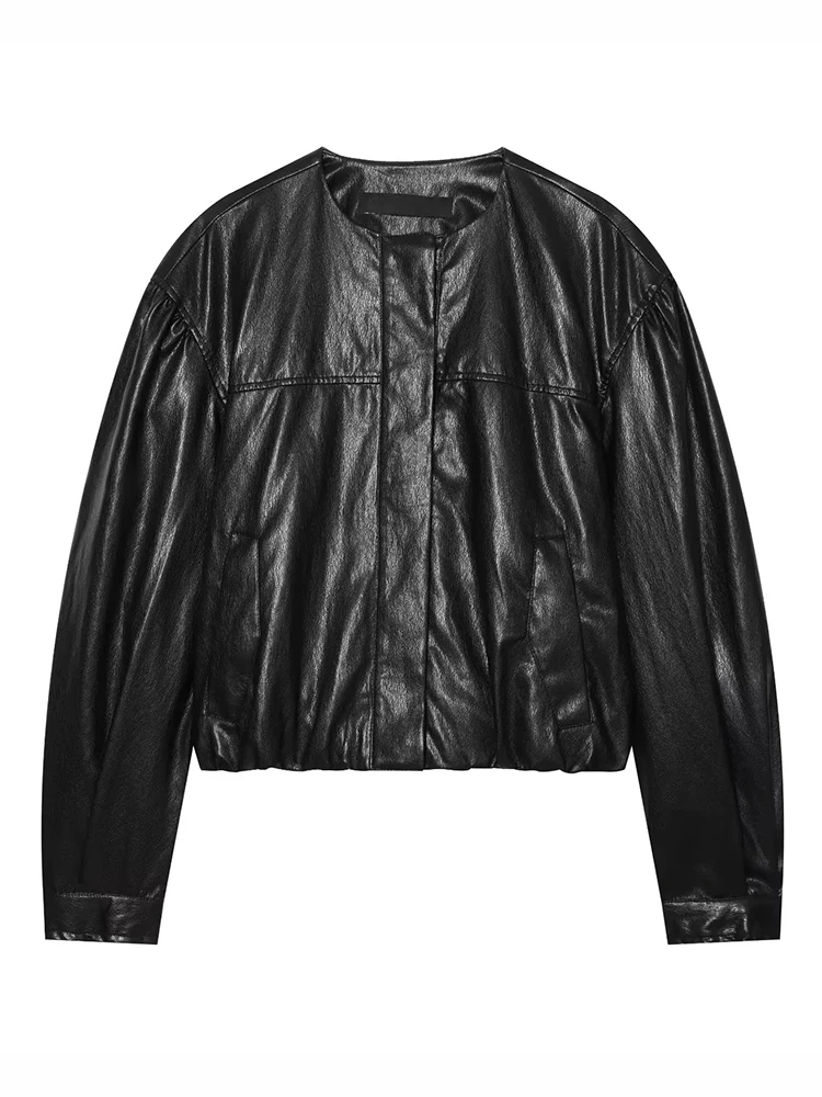 AACHOAE Women's Faux Leather Cropped Jacket Oversized Zip Up PU Leather Coat Casual Bomber Jacket Streetwear Outerwear