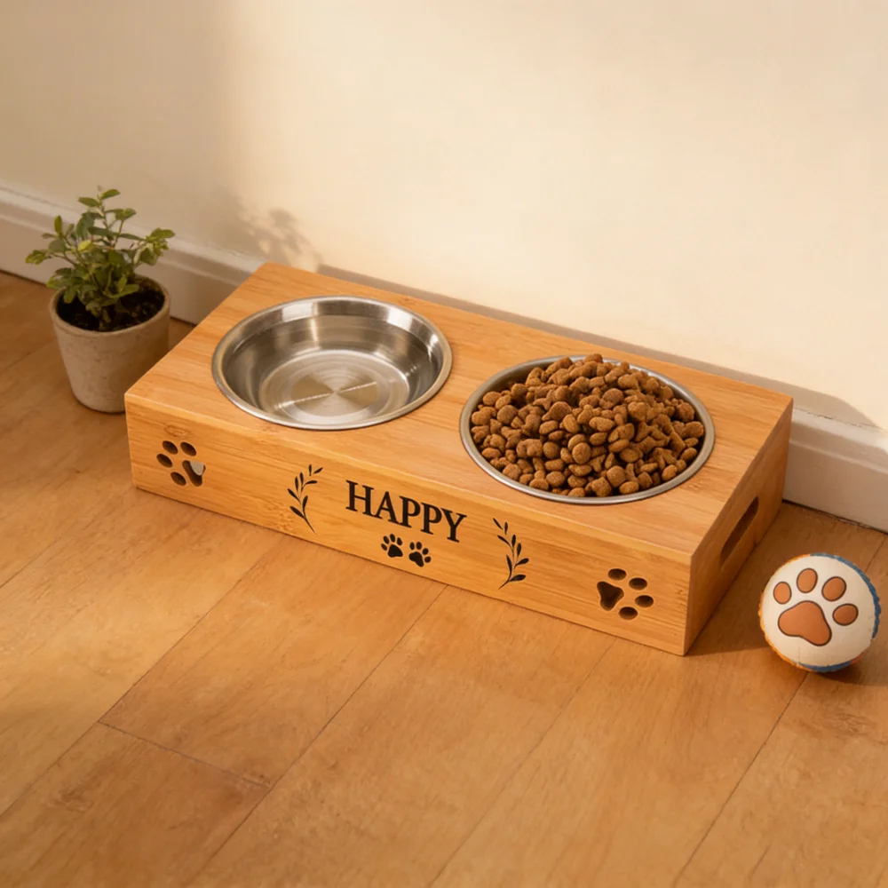 

Customized Personalized Bamboo Wood Dining Table Pet Double Bowl Cat Dog Stainless Steel Food Bowl Anti Knockover Pet Supplies