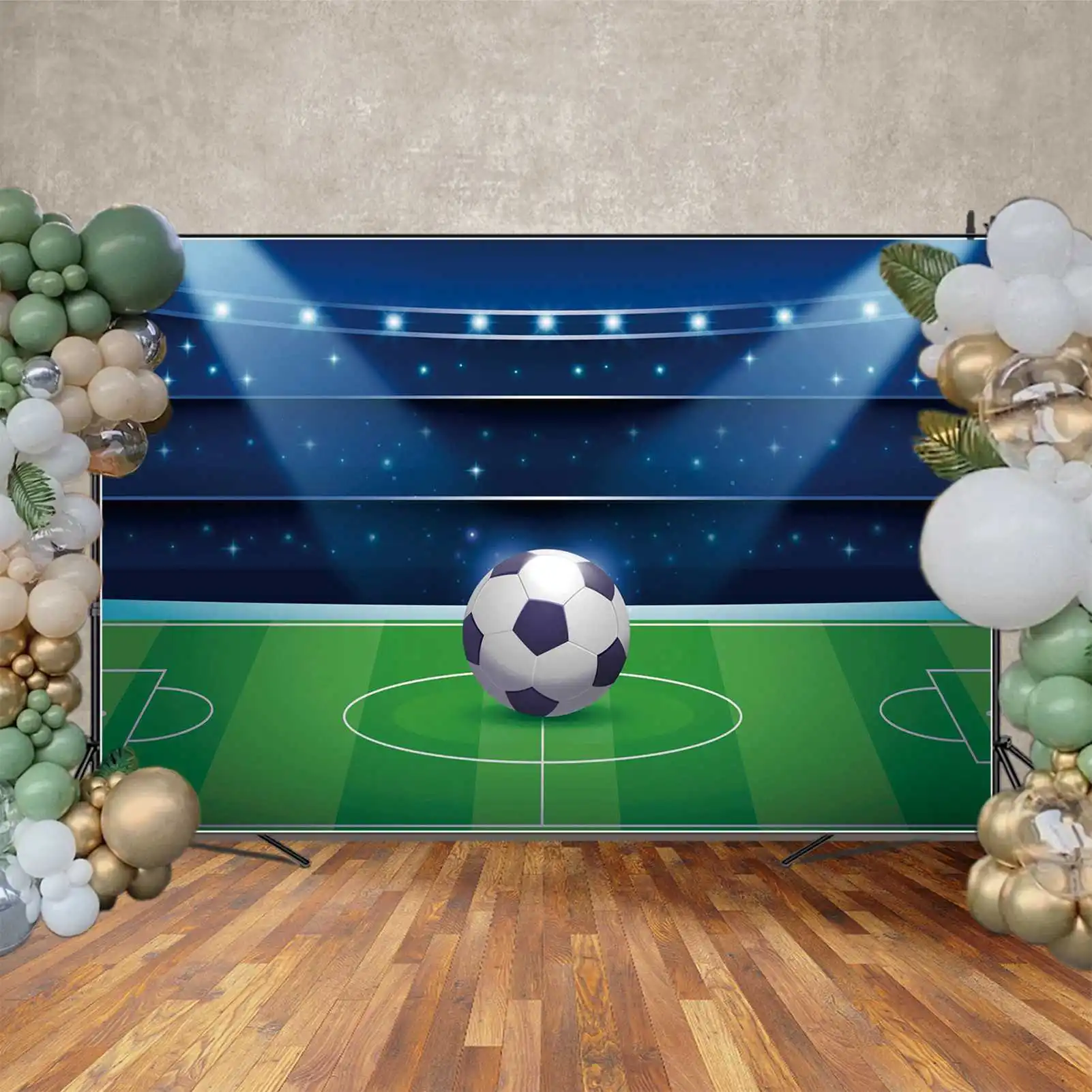 Moon.qg ฉากหลังสนามฟุตบอลสีฟ้าและสีเขียวพื้นหลังงานปาร์ตี้วันเกิดปรับแต่งผนังหญ้าภาพพื้นบูธ