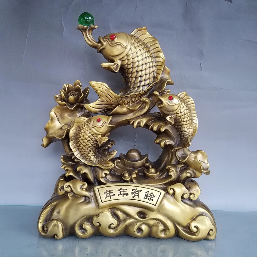 35cm large Asia USA HOME SHOP brass Golden fish NIAN YOU YU Efficacious GOOD LUCK Mascot FENG SHUI Decorative statue