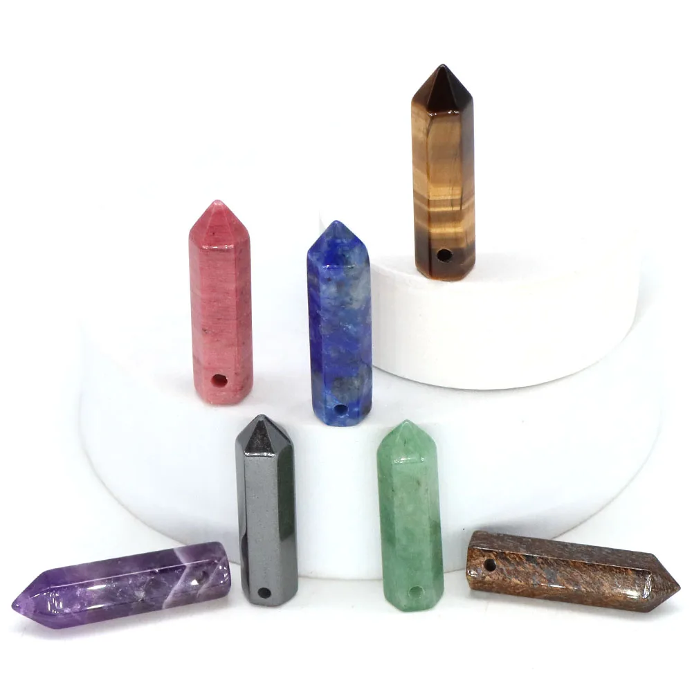 Drilled Hole Hexagonal Point Wand Natural Stone Pink Quartz Column Pendant Energy Healing Crystal Crafts Making Jewelry Necklace