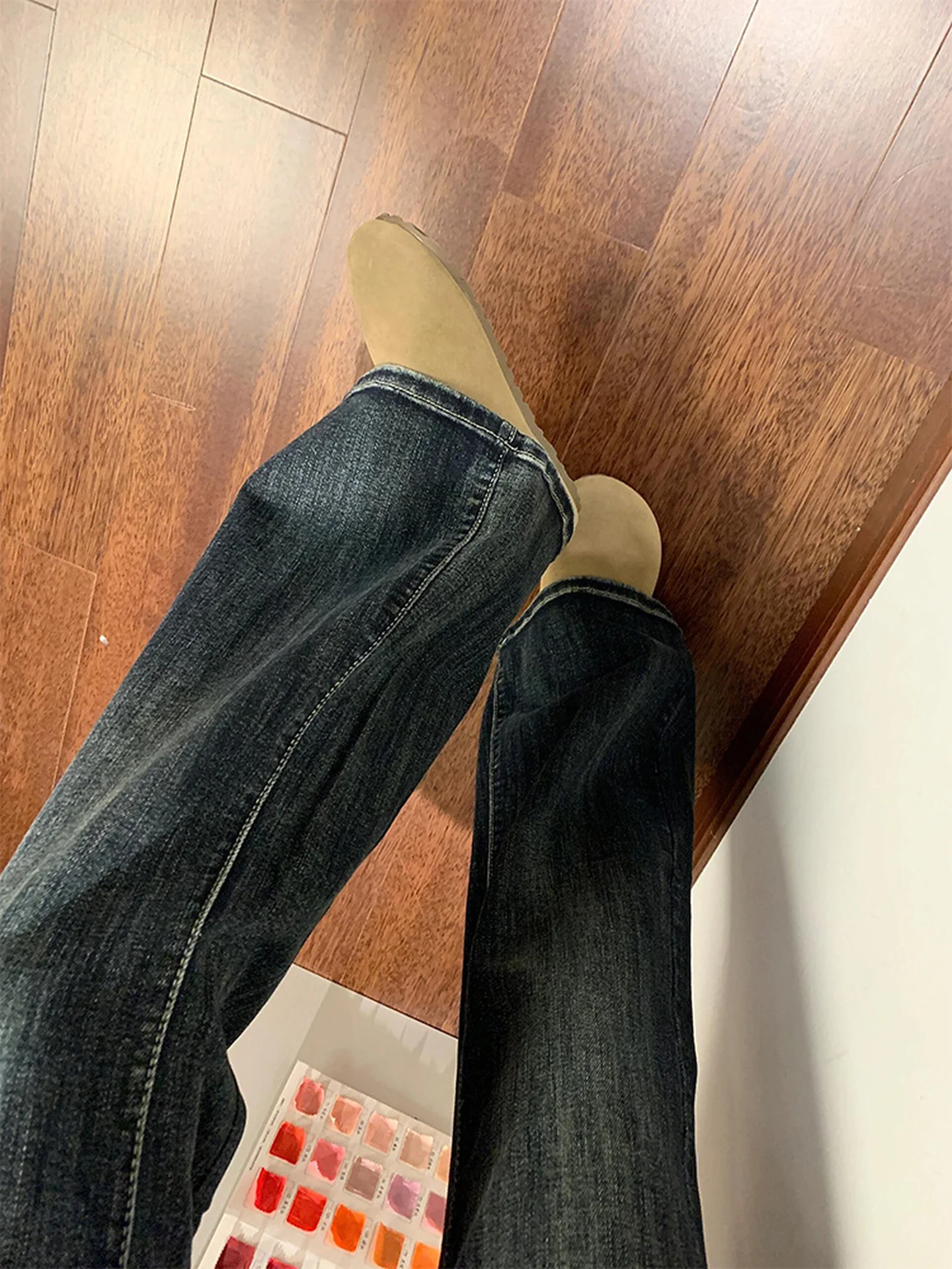 미국 스타일 슬림핏 부츠컷 스트레이트 레그 진 여성용 페어 에이프 디자인 센세이션 핫걸 가을 겨울 신상품