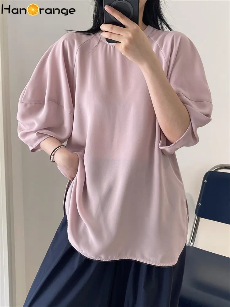 

HanOrange 2025 Summer Slightly Transparent Lantern Sleeves Shirt Women Loose Mesh Thin Top Turquoise Green/Light Gray Powder