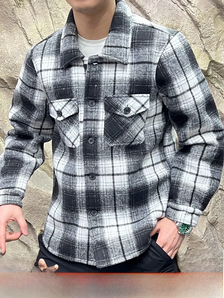 

Thiened Fce Winter irt Jaet для мужчин, американская рабочая одежда в стиле ретро, клетчатая верхняя одежда, теплая длинная све, подставка