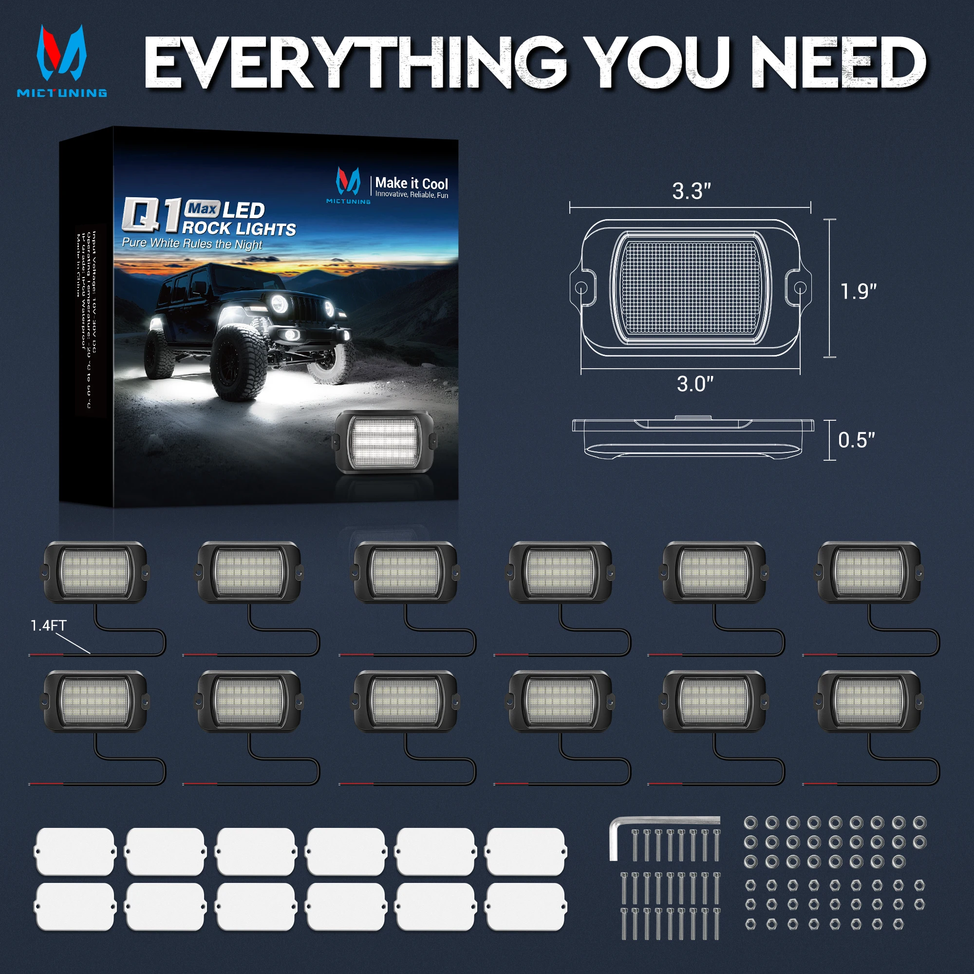 

MICTUNING 12 Pods Q1 MAX White Rock Lights,12V/24V Underglow Lights Compatible for Car Truck Offroad Boat,IP68 Waterproof