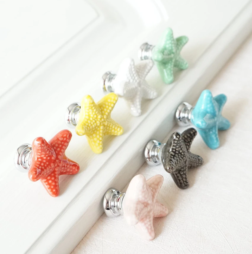 Ceramic Colorful Dresser Knobs Starfish Drawer  Cabinet Knobs Kitchen Cupboard Knobs Decorative Handle Red Pink Yellow