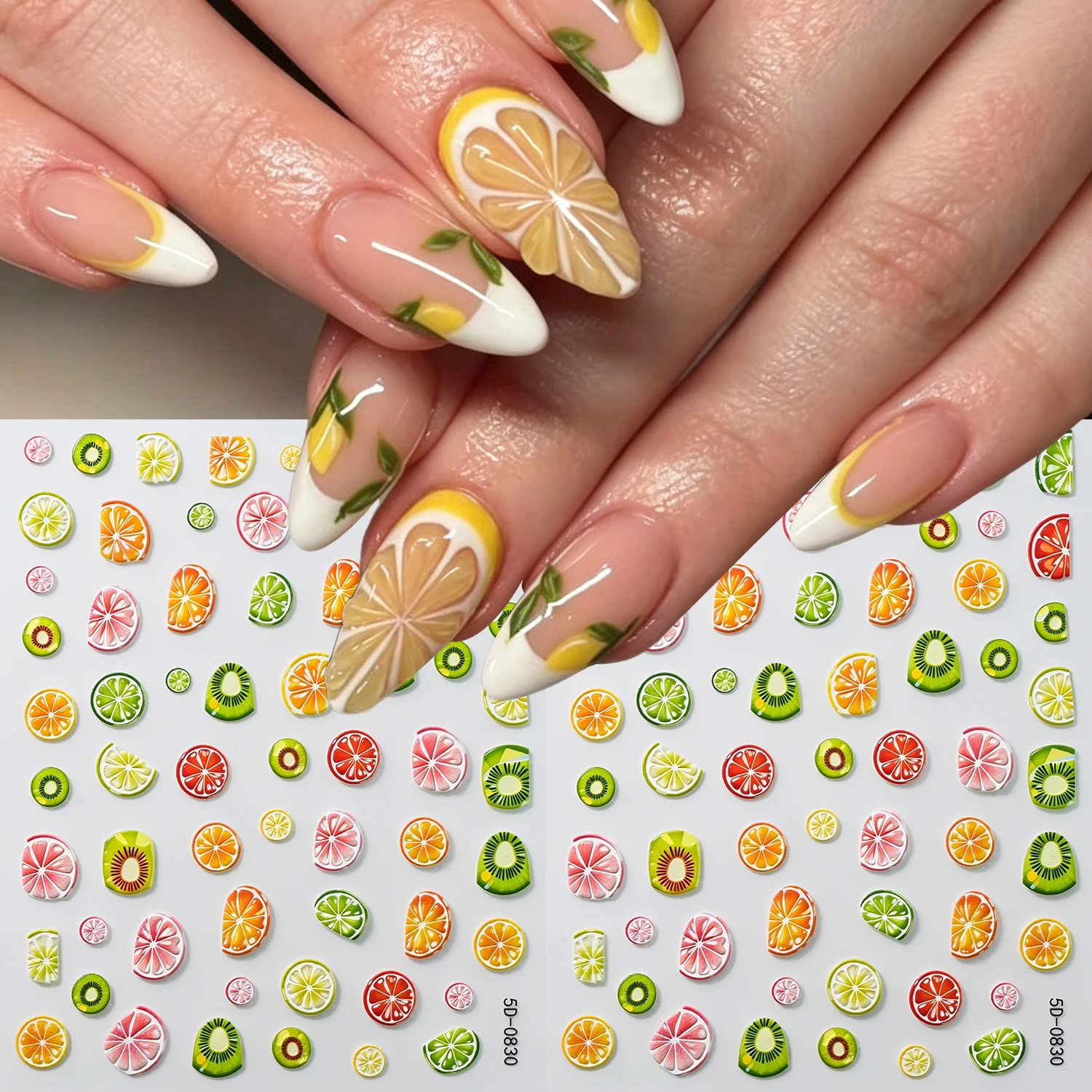 1pc 5D Embossed Orange Kiwi Lemon Watermelon Nail Stickers Cute Summer Tropical Fruit Nail Decals Nail Art Decor DIY Manicure