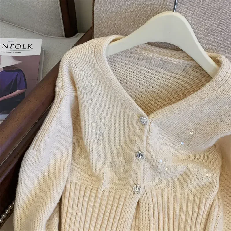 Nowy Vintage cekiny sweter damski dzianinowy wełniany dekolt w serek z długim rękawem jednorzędowy krótki sweter płaszcz kaszmirowy dzianinowy top