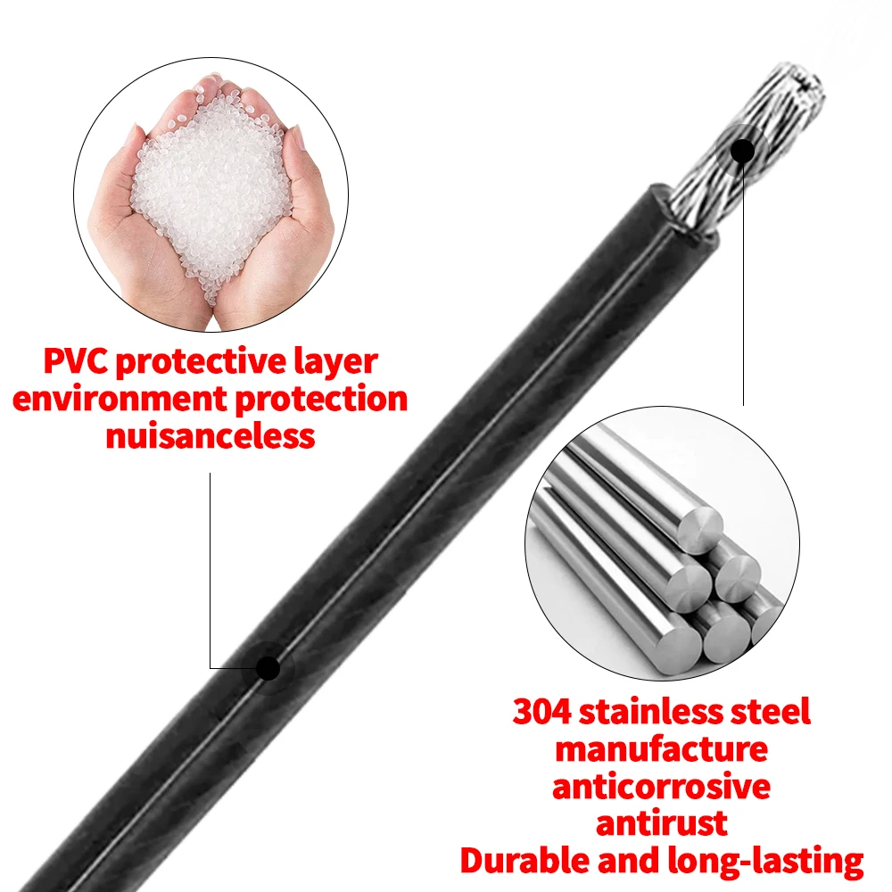 2/3/4/5/6mm Black Coated PVC Plastic 304 Stainless Steel Wire Rope Cable 5M/10M/50M/100M With Good Corrosion Resistance