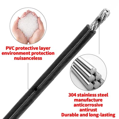 Imagen 2 del producto Cable de cuerda de alambre de acero inoxidable 304 de plástico PVC recubierto de negro de 2/3/4/5/6mm 5M/10M/50M/100M con buena resistencia a la corrosión