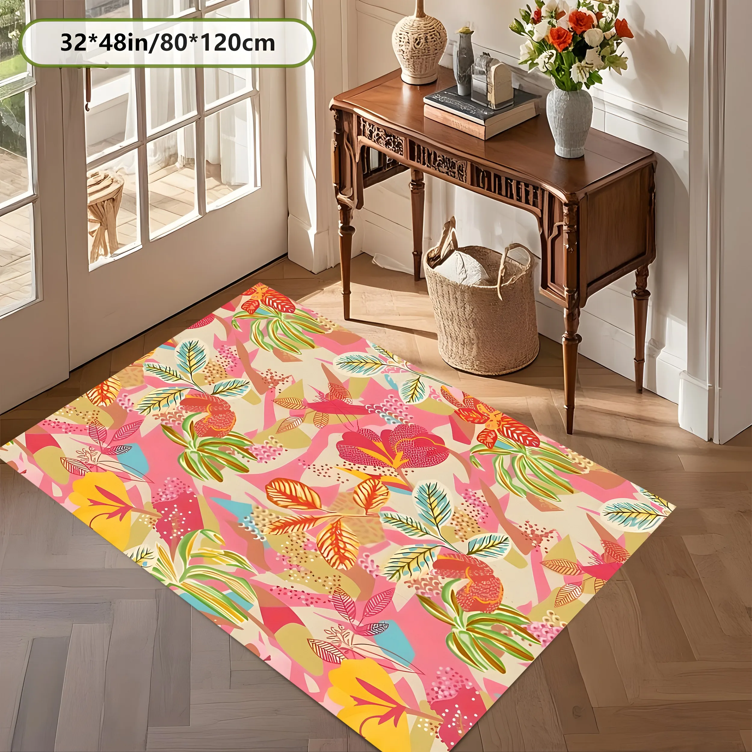Colorful Floral Leaf 2D Area Rug in Retro Color Block Style for Home, Halloween Party Decor