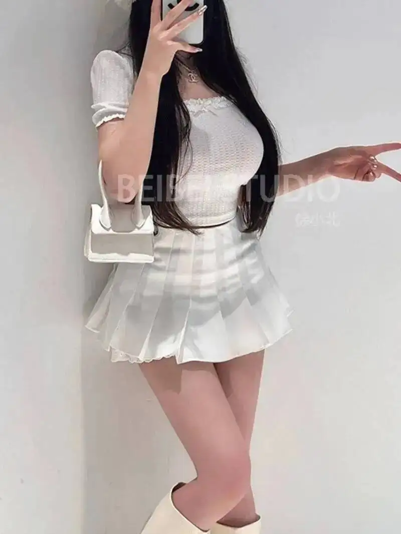 Gonna a pieghe stile balletto americano Piccante donna a vita alta Petite gonna mezza lunghezza Moda elegante JK Gonne moda 4LIC