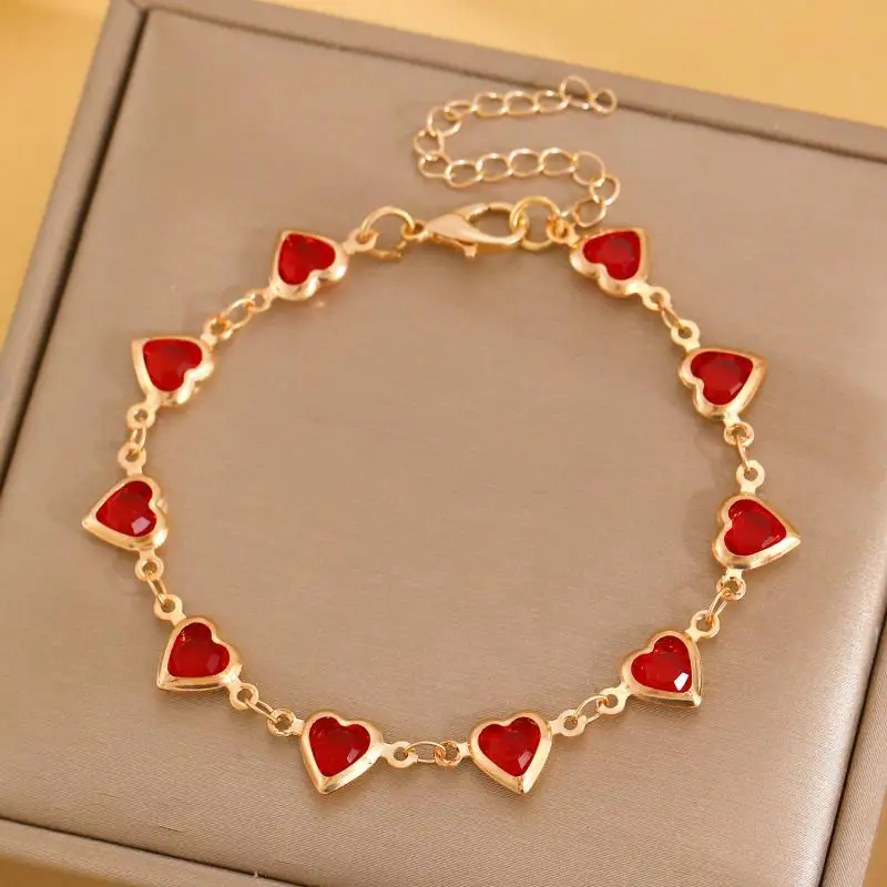 Exquisite Colored Glass Crystal Heart Bracelet for Women Romantic Zircon Metal Chain Bracelet Charm Jewelry Party Daily Birthday