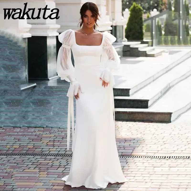 Wakuta 2024 Spring/Summer Line Square Neck Long Sleeved Wedding Vestidos Elegant High Waist Falling Evening Dress Bodycon Dress