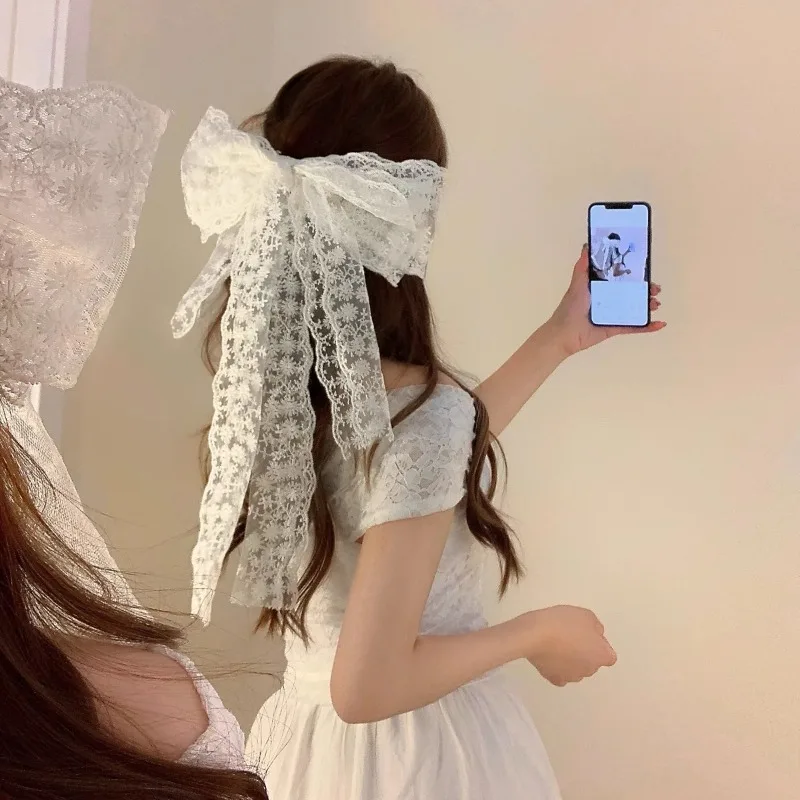 

Sheer Lace Hair Clip with Elegant Bow Vintage Back of Head Hair Accessories for Women Romantic Ribbon Hairpin for Bridal Party