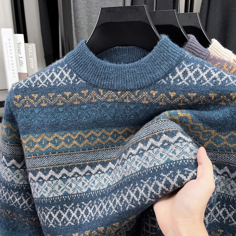 Gran oferta, novedad de invierno, Jersey grueso de cuello semialto para hombre, prendas de punto de alta calidad con bloques de Color Jacquard, ropa cálida de oficina para hombre