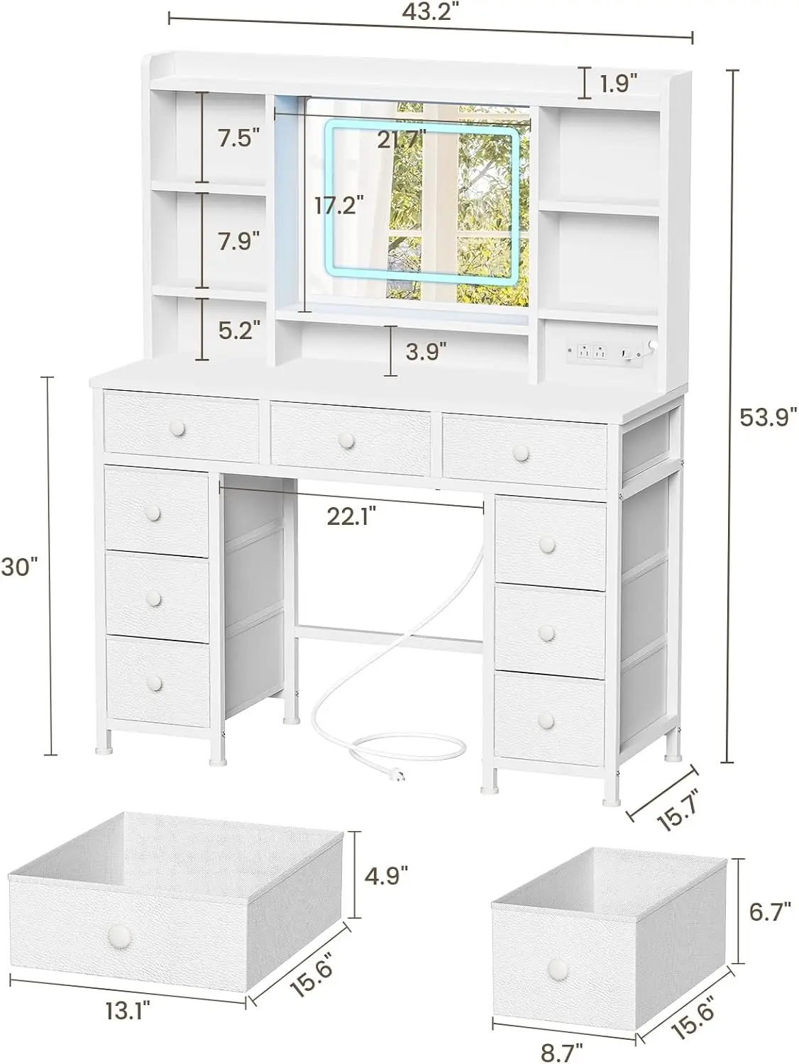Vanity Desk with Smart LED Mirror, Makeup Table with 9 Drawers，White