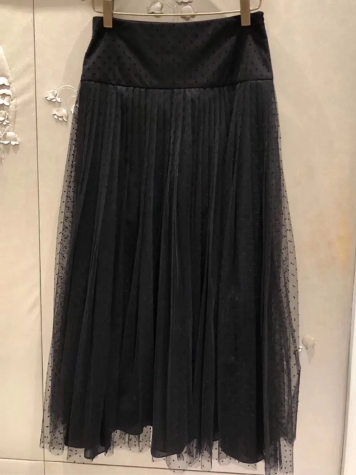 Nowa spódnica Klasyczna Retro Wszechstronna Modna Siatkowa Jedwabna Wewnętrzna Podszewka Flock Dotted Wysoka Talia Plisowana