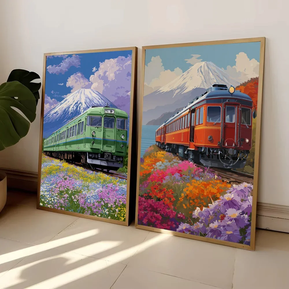 Mount Fuji Railway Train Flower Landscape Japanese Travel Art Poster Canvas Paintin Print for Living Room Home Decor Cuadros